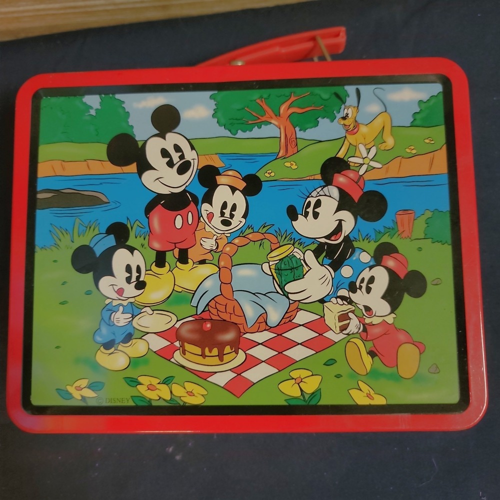 Disney Mickey Mouse & Friends Metal Lunch Box Tin Red Handle